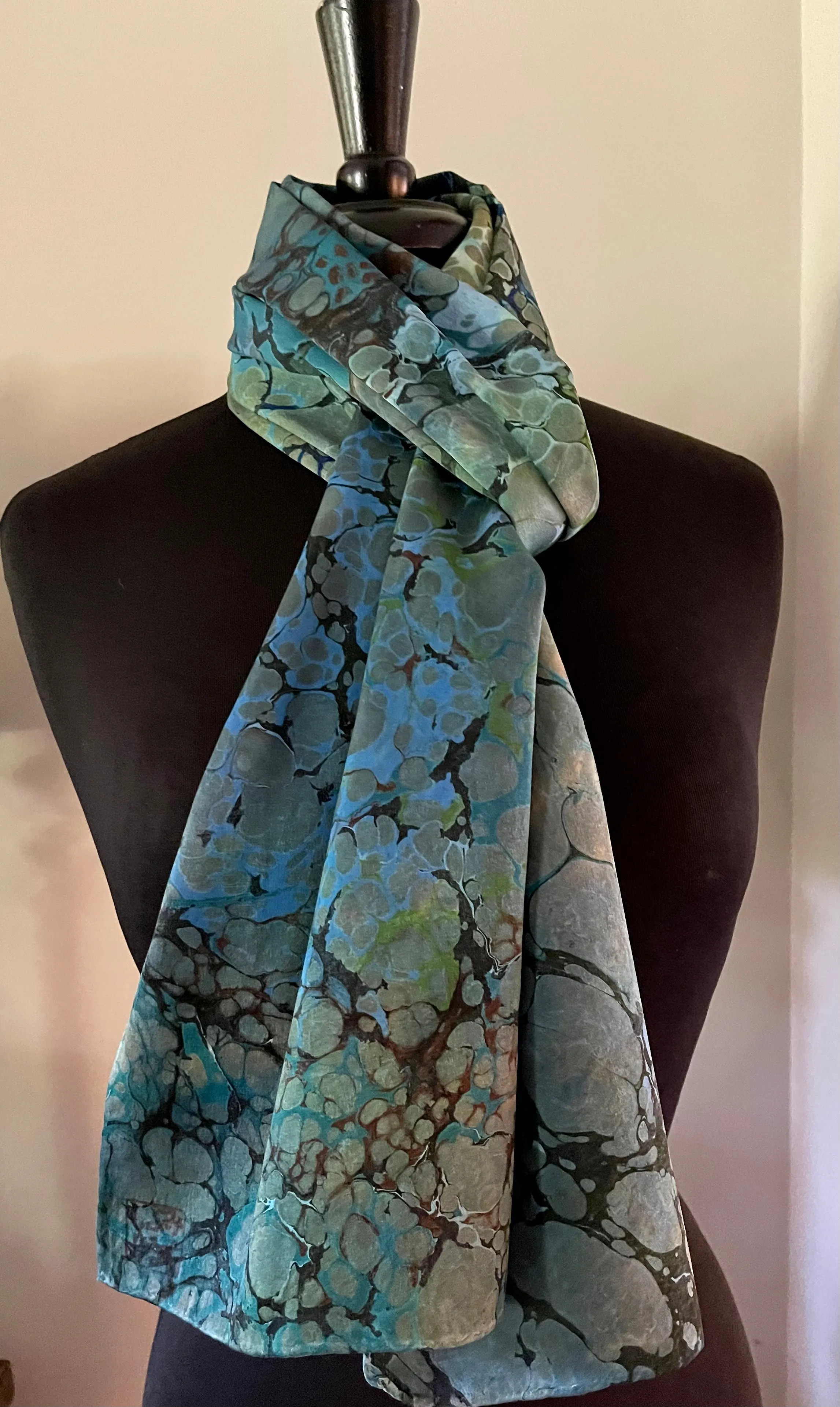 Green Italian Vein marbled  Charmeuse  Silk 72x14” bold fun. This beautiful silk makes a unique dresser cover and scarf