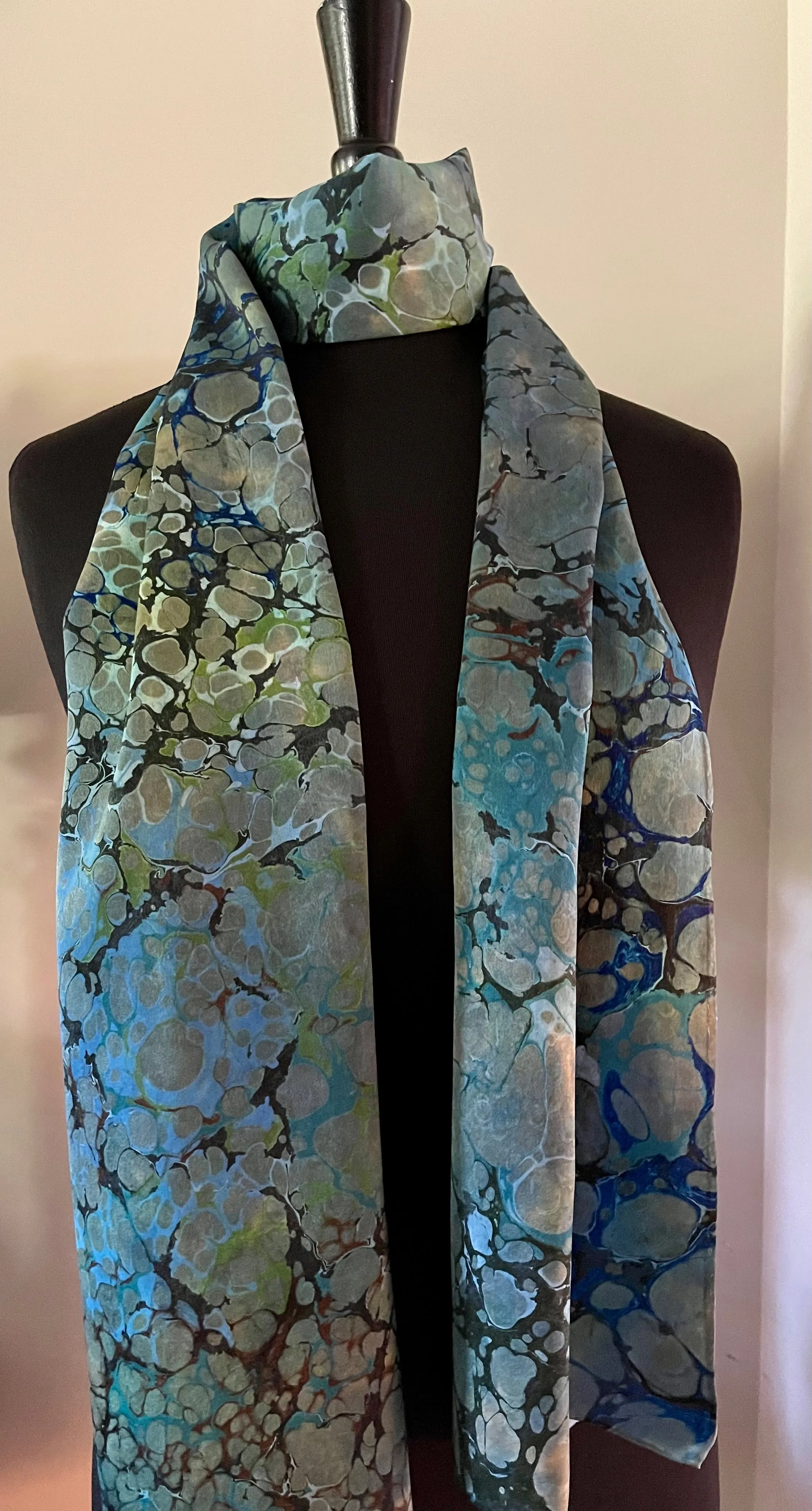 Green Italian Vein marbled  Charmeuse  Silk 72x14” bold fun. This beautiful silk makes a unique dresser cover and scarf