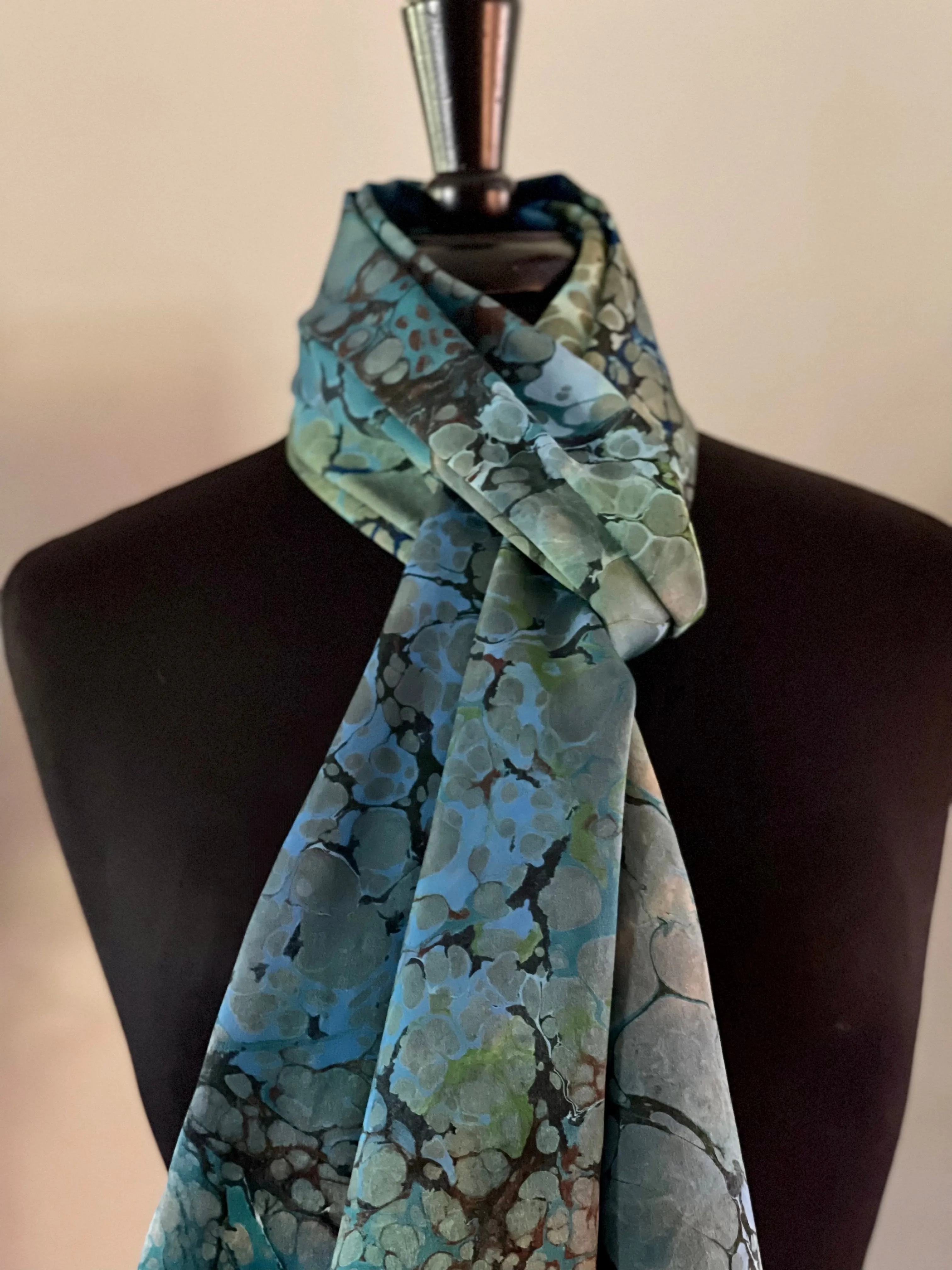 Green Italian Vein marbled  Charmeuse  Silk 72x14” bold fun. This beautiful silk makes a unique dresser cover and scarf
