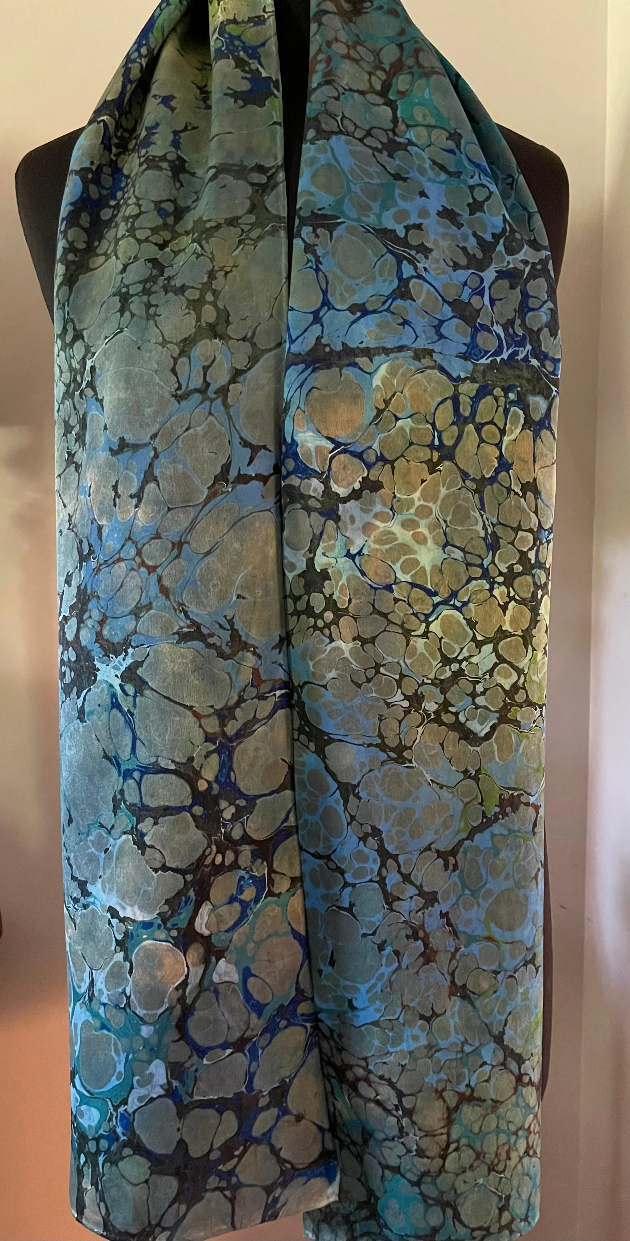 Green Italian Vein marbled  Charmeuse  Silk 72x14” bold fun. This beautiful silk makes a unique dresser cover and scarf
