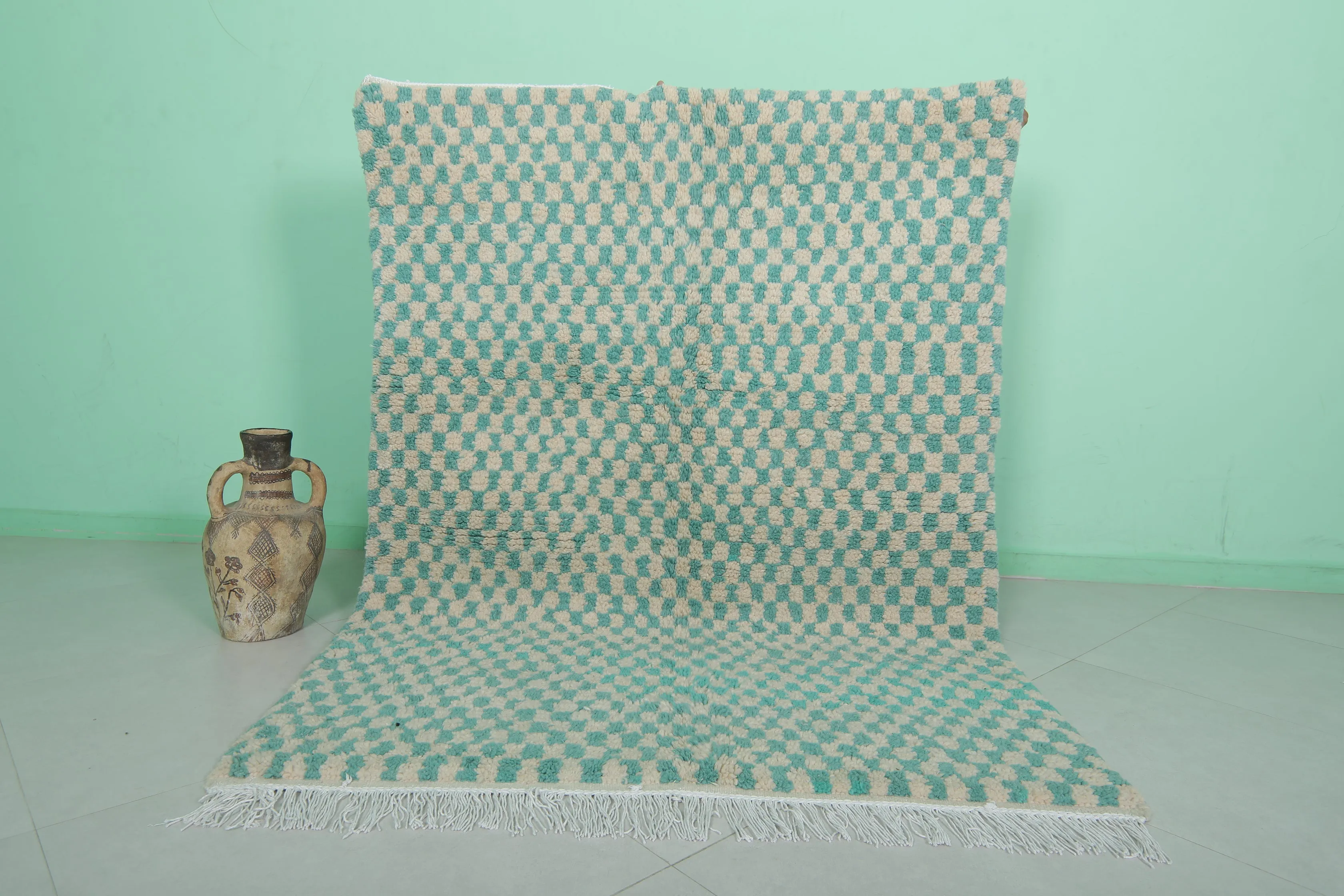 Green Moroccan Checkered Rug 4.6 X 6.3 Feet – Handcrafted Decor