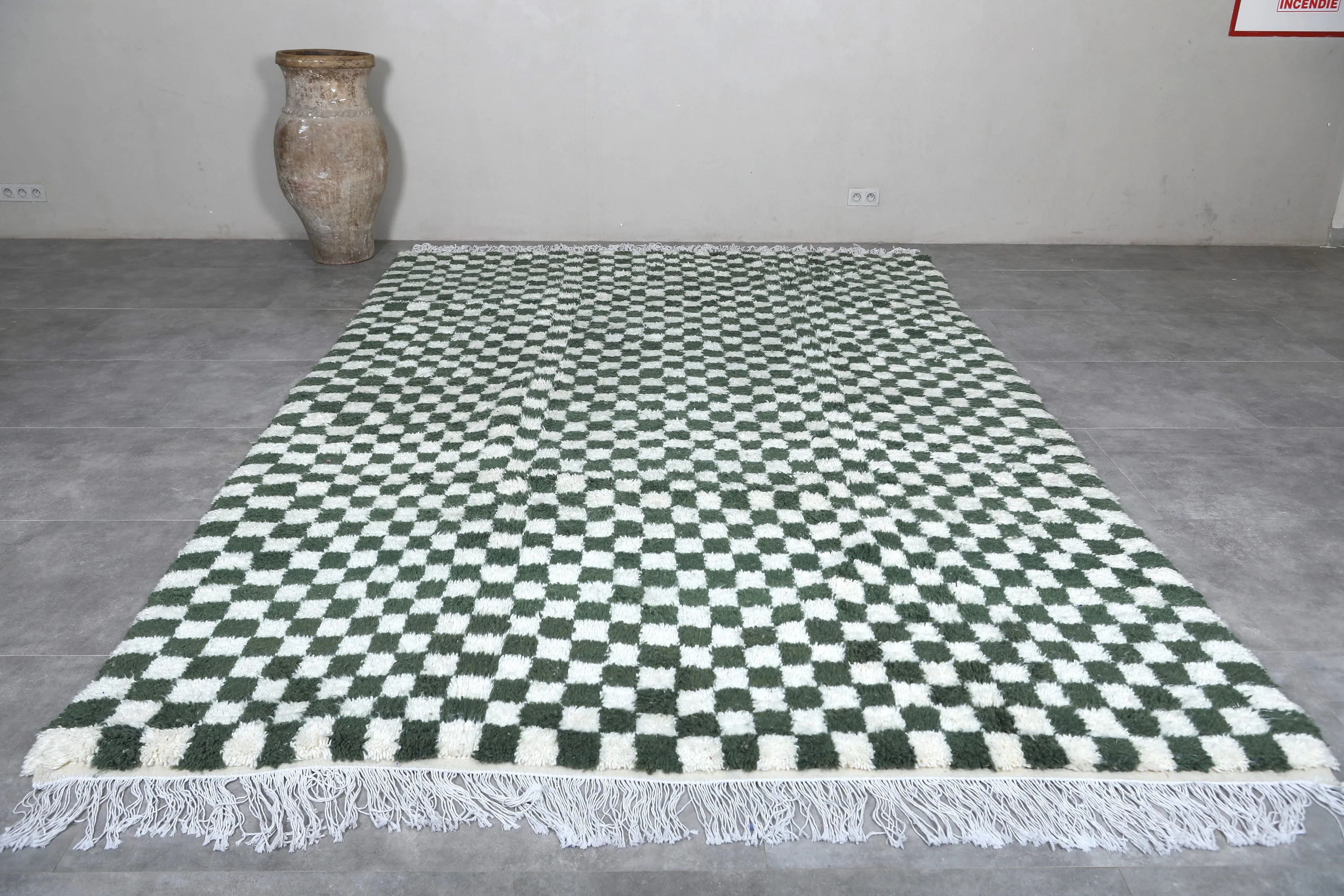 Green Moroccan Rug - 8.3 x 11.9 ft | Handwoven Checkered Design