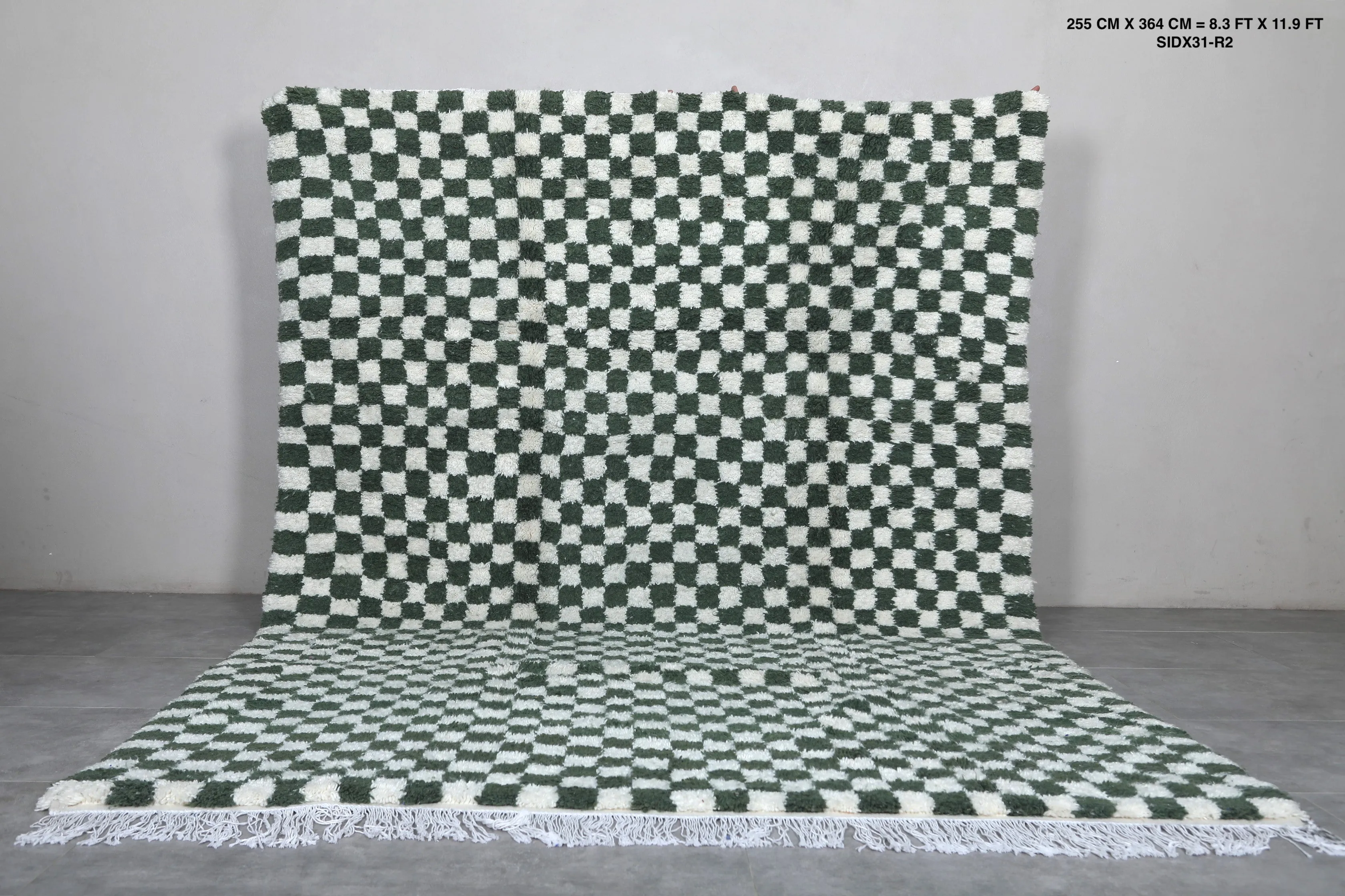 Green Moroccan Rug - 8.3 x 11.9 ft | Handwoven Checkered Design