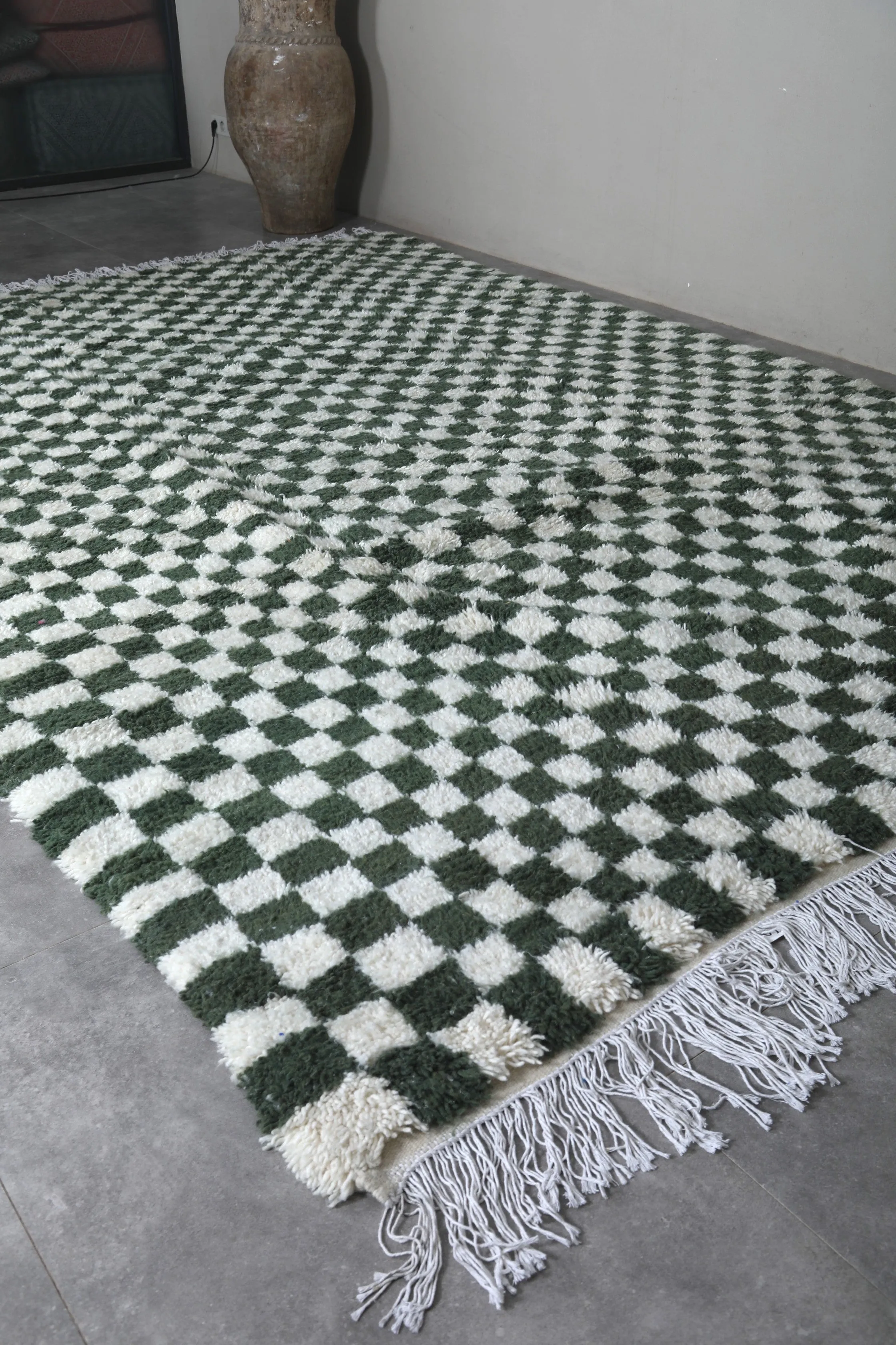 Green Moroccan Rug - 8.3 x 11.9 ft | Handwoven Checkered Design