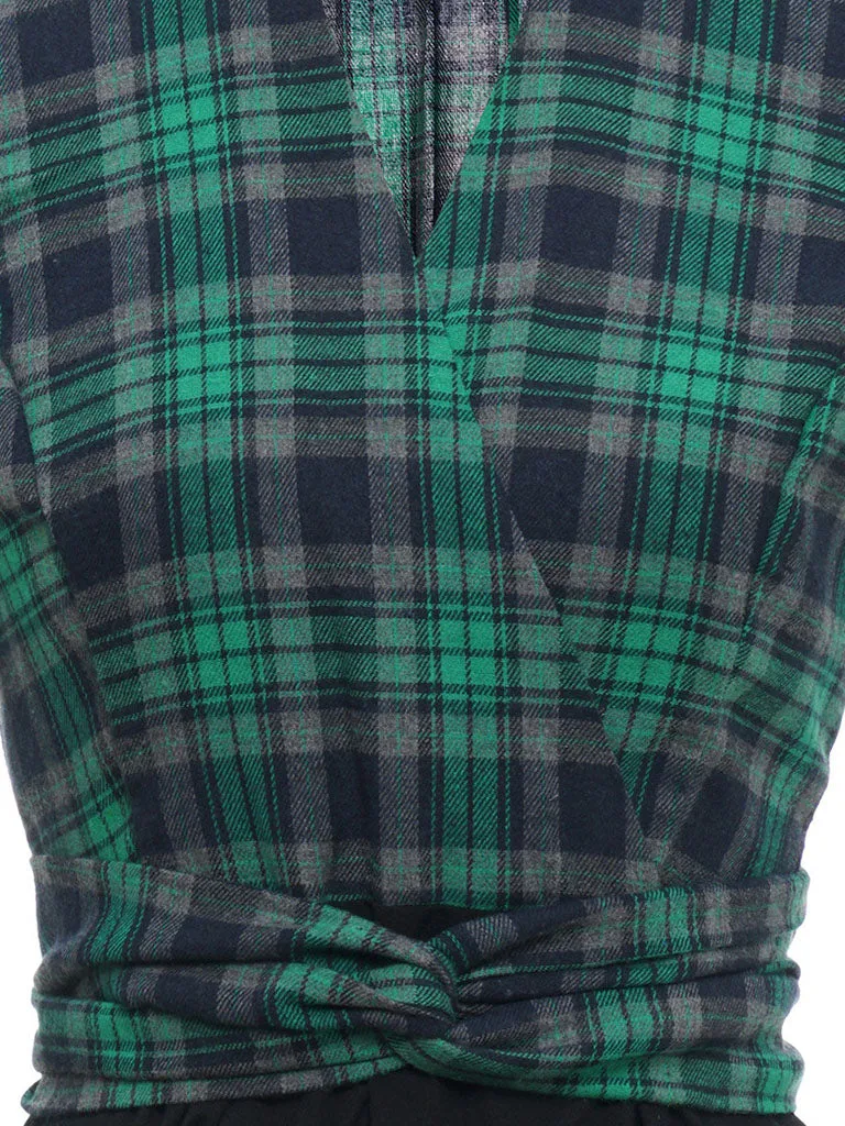 Green Plaid 3/4 Sleeve Fake Two Piece Style 1950S Vintage Dress