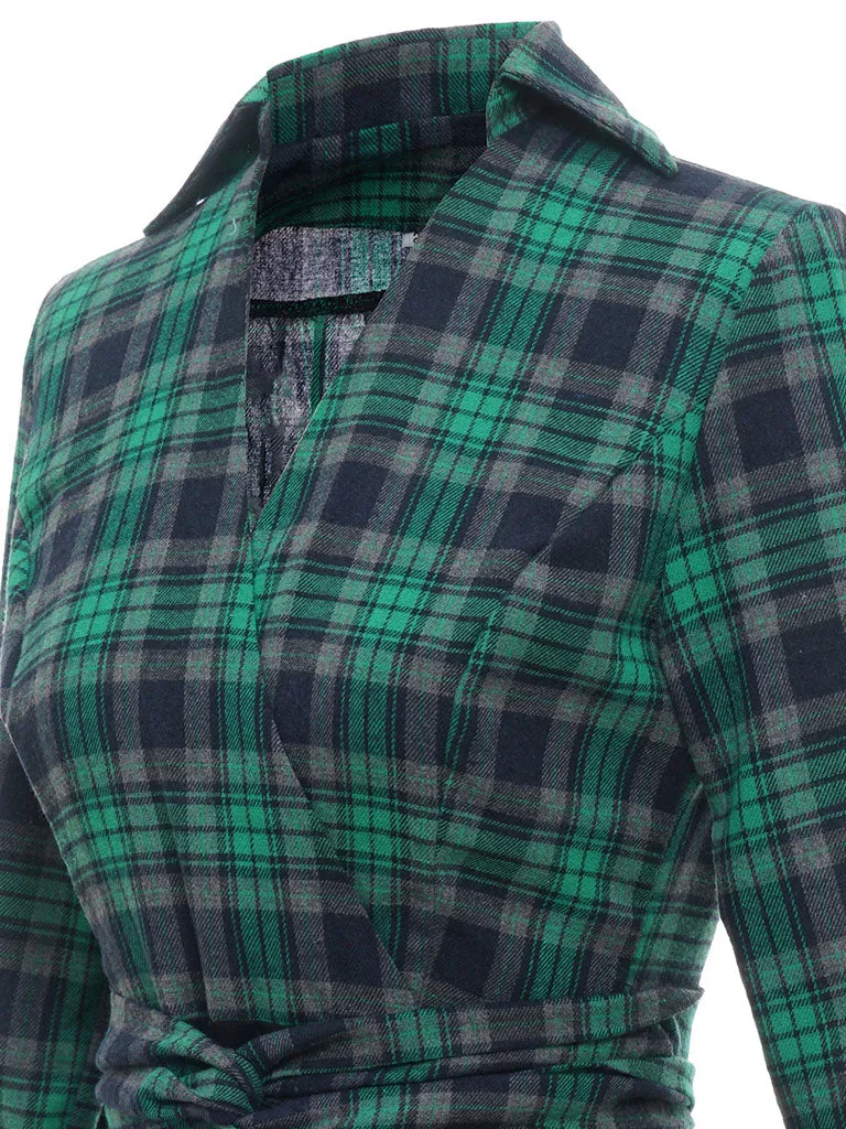 Green Plaid 3/4 Sleeve Fake Two Piece Style 1950S Vintage Dress