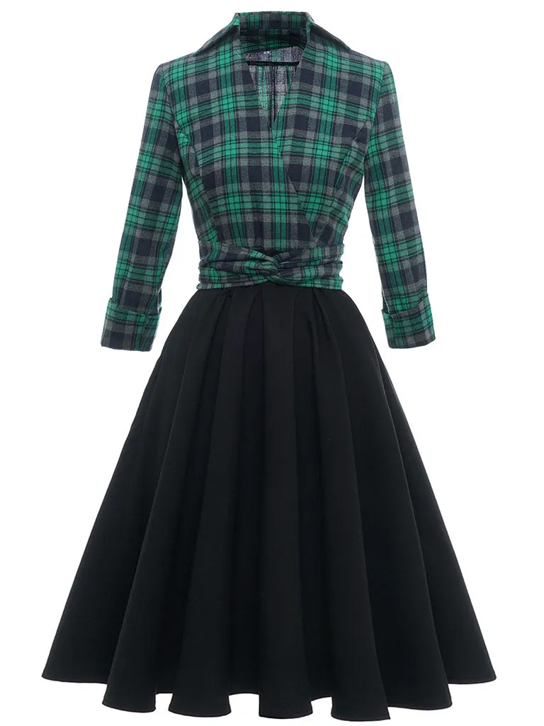 Green Plaid 3/4 Sleeve Fake Two Piece Style 1950S Vintage Dress