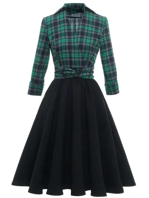 Green Plaid 3/4 Sleeve Fake Two Piece Style 1950S Vintage Dress