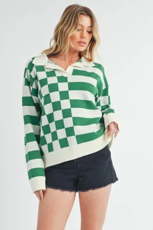 Green Striped & Checkered Drop Shoulder Sweater