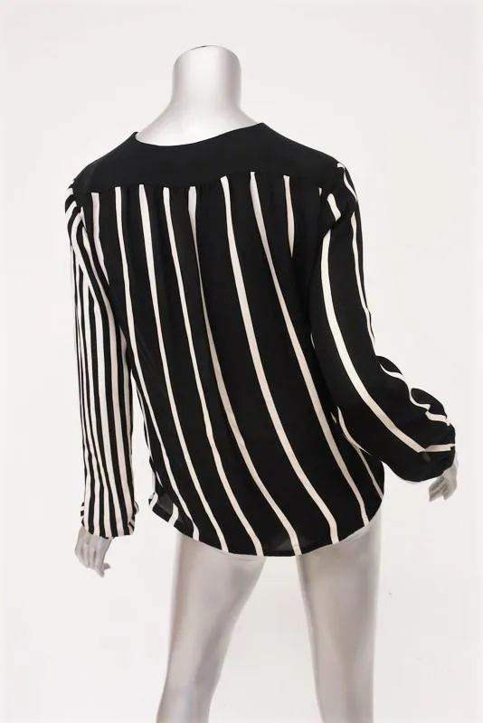 Halston Heritage Wrap Front Top Black Striped Silk Size 6 Long Sleeve Blouse NEW