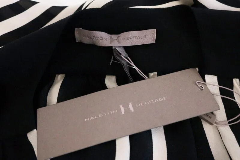 Halston Heritage Wrap Front Top Black Striped Silk Size 6 Long Sleeve Blouse NEW
