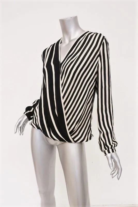 Halston Heritage Wrap Front Top Black Striped Silk Size 6 Long Sleeve Blouse NEW