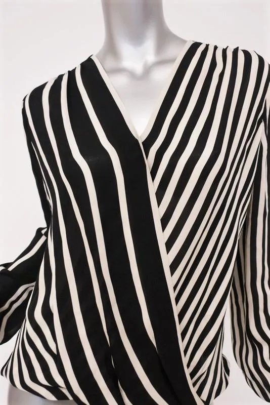 Halston Heritage Wrap Front Top Black Striped Silk Size 6 Long Sleeve Blouse NEW