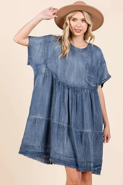 Hazel Blues® |  Mittoshop Washed Chambray Denim Oversized Tier Mini Dress