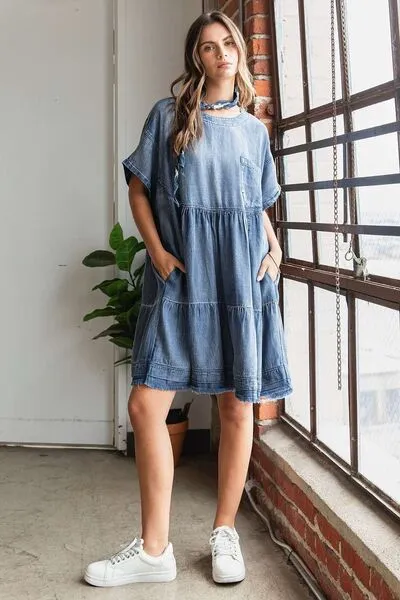 Hazel Blues® |  Mittoshop Washed Chambray Denim Oversized Tier Mini Dress
