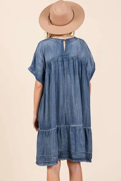 Hazel Blues® |  Mittoshop Washed Chambray Denim Oversized Tier Mini Dress