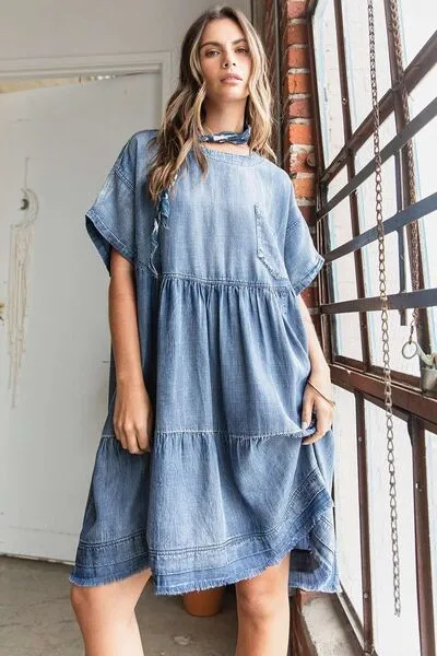Hazel Blues® |  Mittoshop Washed Chambray Denim Oversized Tier Mini Dress