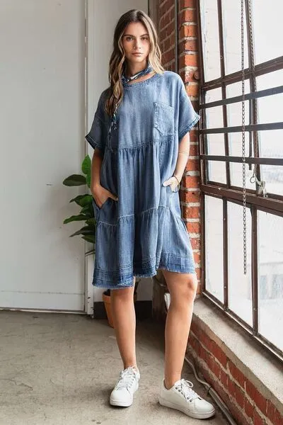 Hazel Blues® |  Mittoshop Washed Chambray Denim Oversized Tier Mini Dress