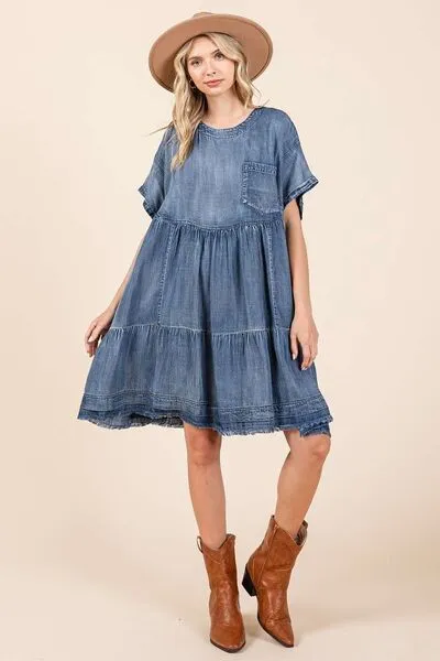 Hazel Blues® |  Mittoshop Washed Chambray Denim Oversized Tier Mini Dress
