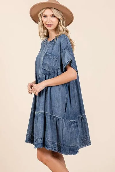 Hazel Blues® |  Mittoshop Washed Chambray Denim Oversized Tier Mini Dress