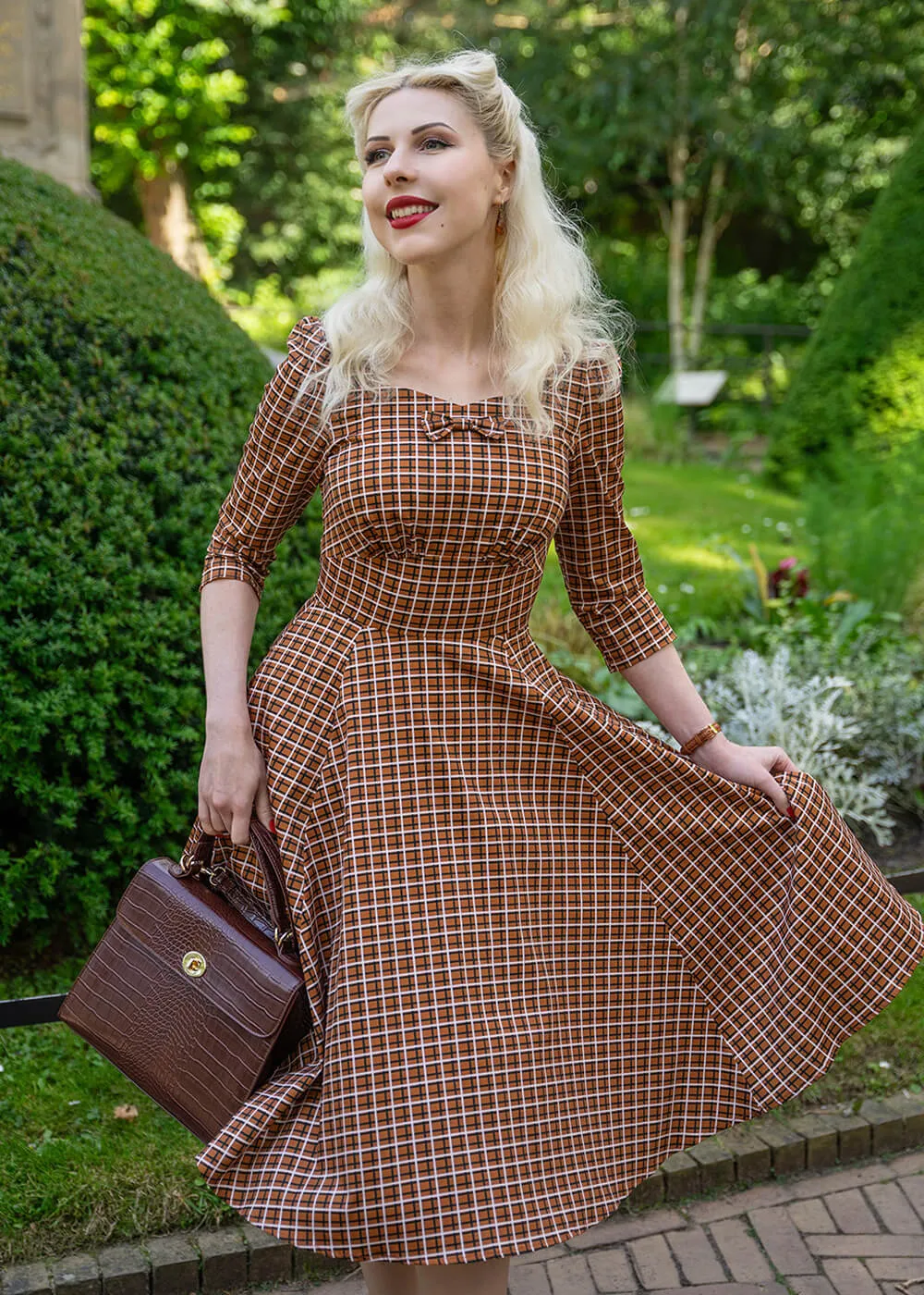 Hearts & Roses Daniella Check 50's Swing Dress Brown