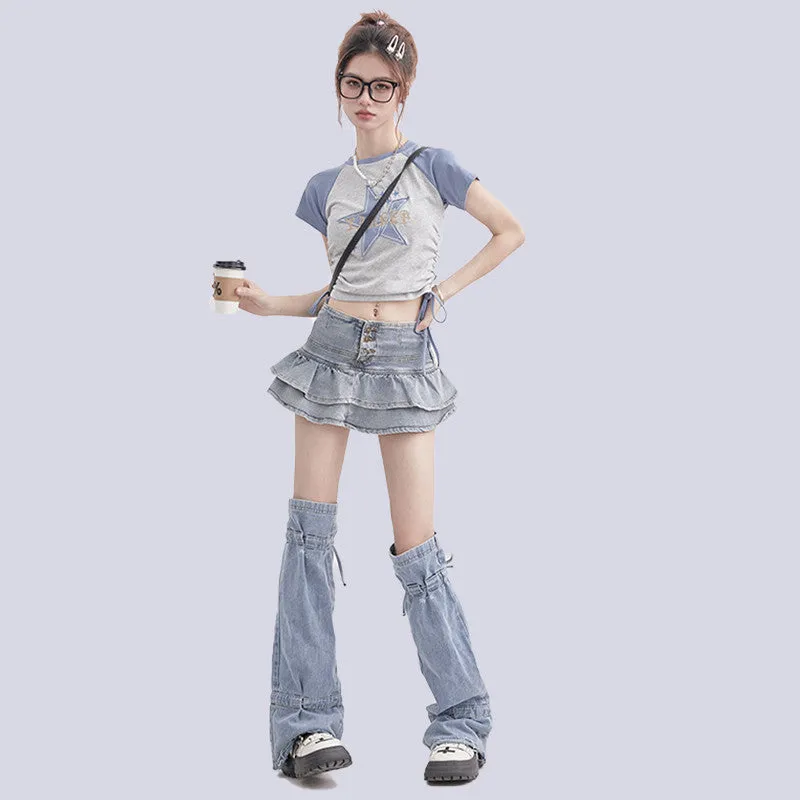 HIGH WAIST RUFFLED DENIM SKIRT UB98104