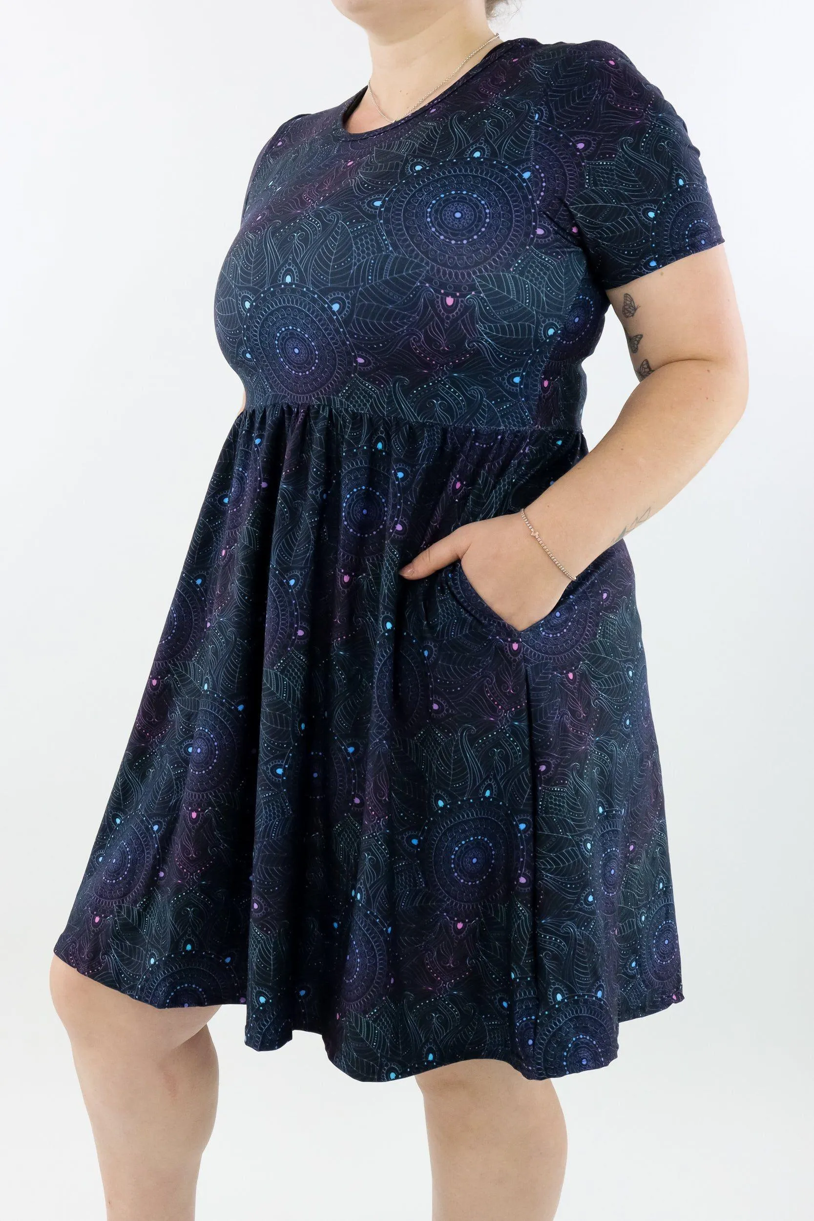 Holographic Mandala - Short Sleeve Skater Dress - Knee Length - Side Pockets