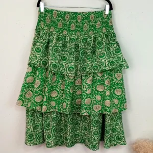 House Of Harlow 1960 100% Cotton Green Floral Tiered Skirt sz L Boho Cottagecore