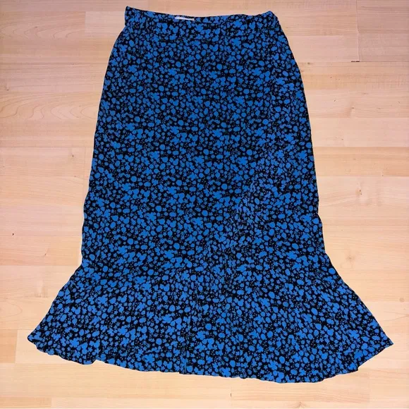 ICHI Botanical Blue Floral Skirt Women’s Small Ruffled Flowy Midi Boho Fairycore
