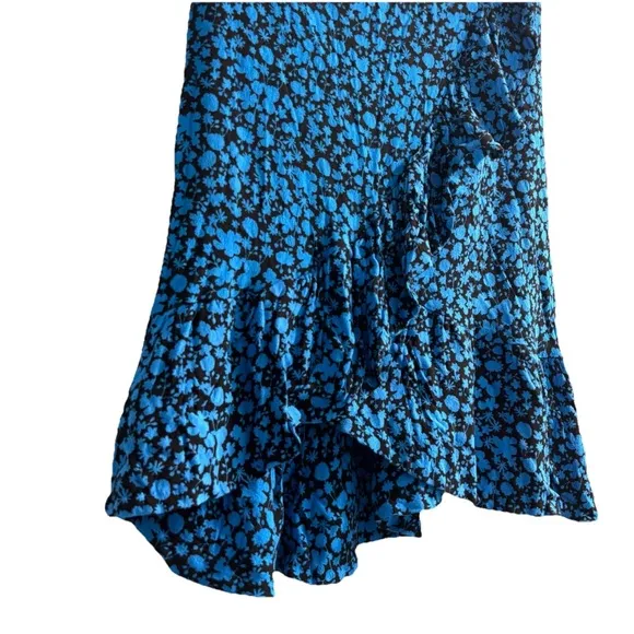 ICHI Botanical Blue Floral Skirt Women’s Small Ruffled Flowy Midi Boho Fairycore