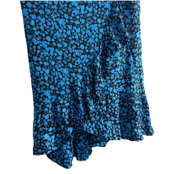 ICHI Botanical Blue Floral Skirt Women’s Small Ruffled Flowy Midi Boho Fairycore