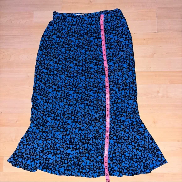 ICHI Botanical Blue Floral Skirt Women’s Small Ruffled Flowy Midi Boho Fairycore