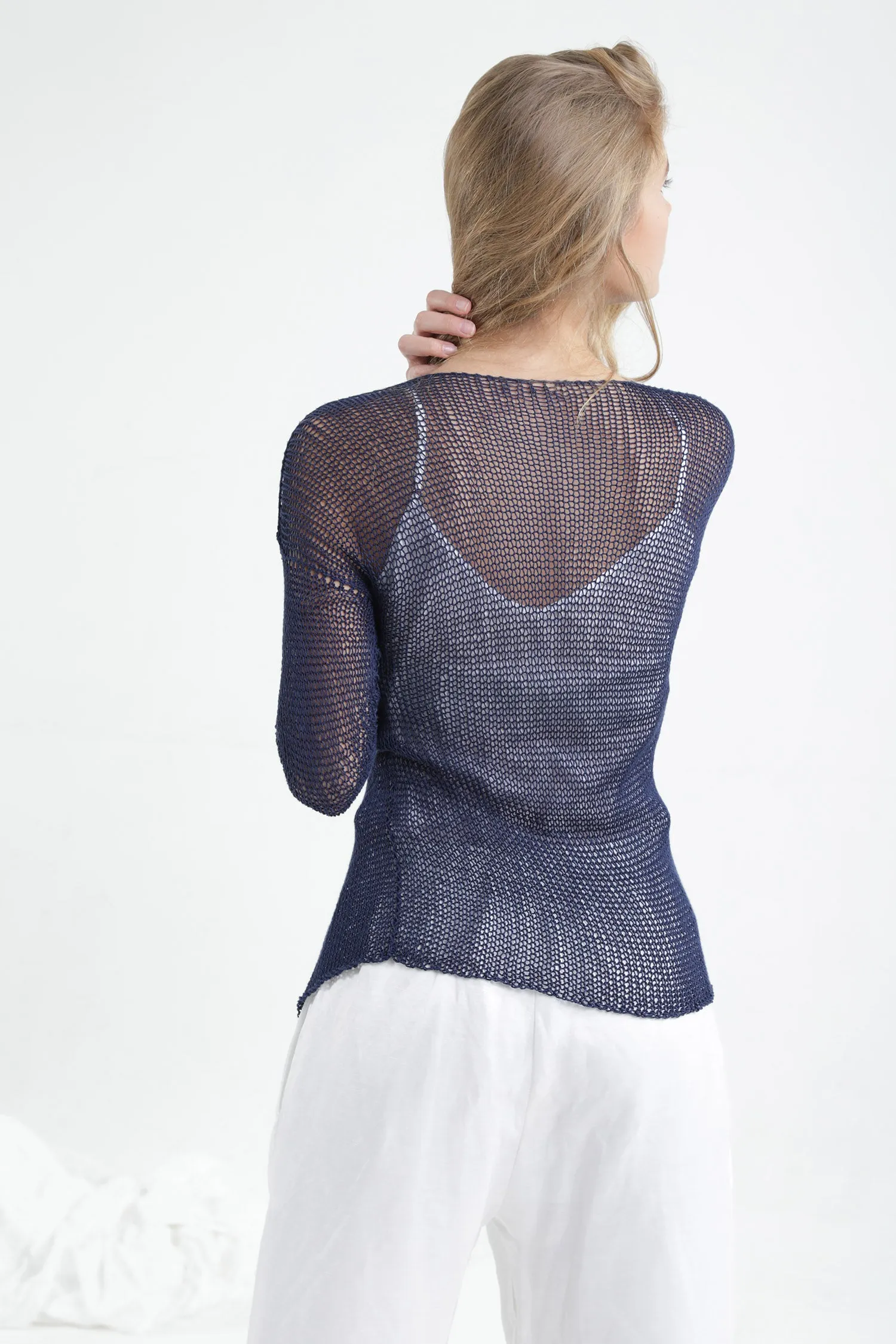 Indigo Navy Blue Short Open knit Bamboo Cardigan with buttons