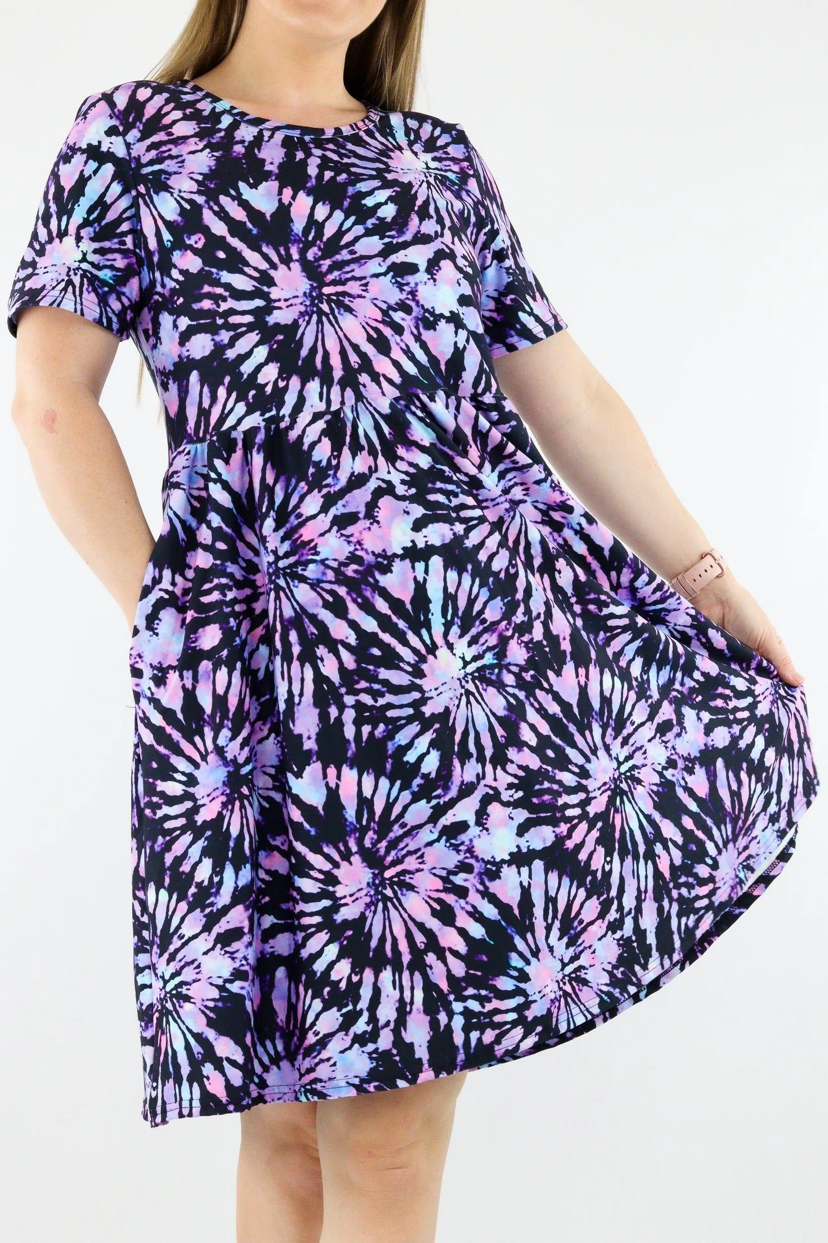 Iridescent Purple Tie Dye - Short Sleeve Skater Dress - Knee Length - Side Pockets