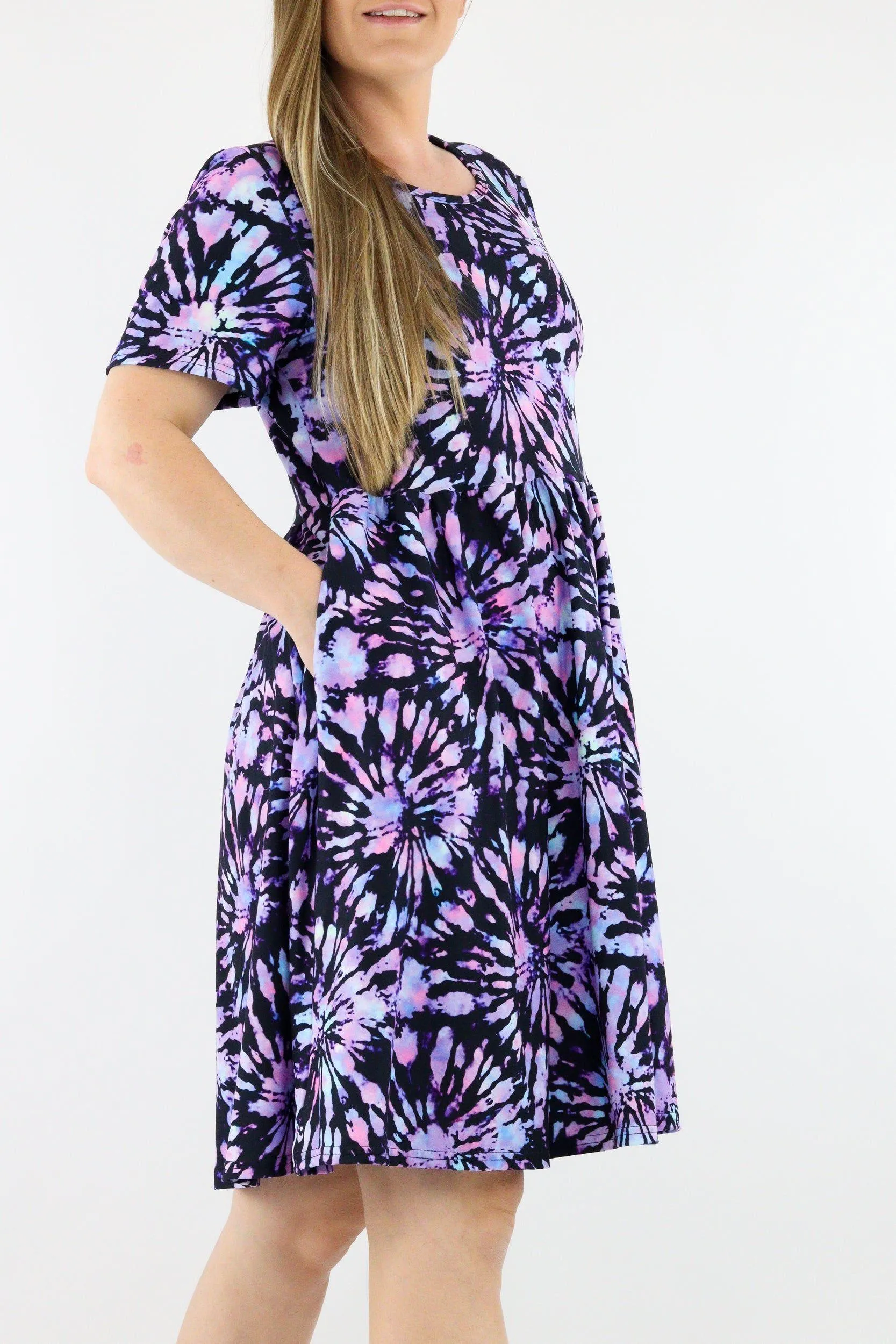 Iridescent Purple Tie Dye - Short Sleeve Skater Dress - Knee Length - Side Pockets