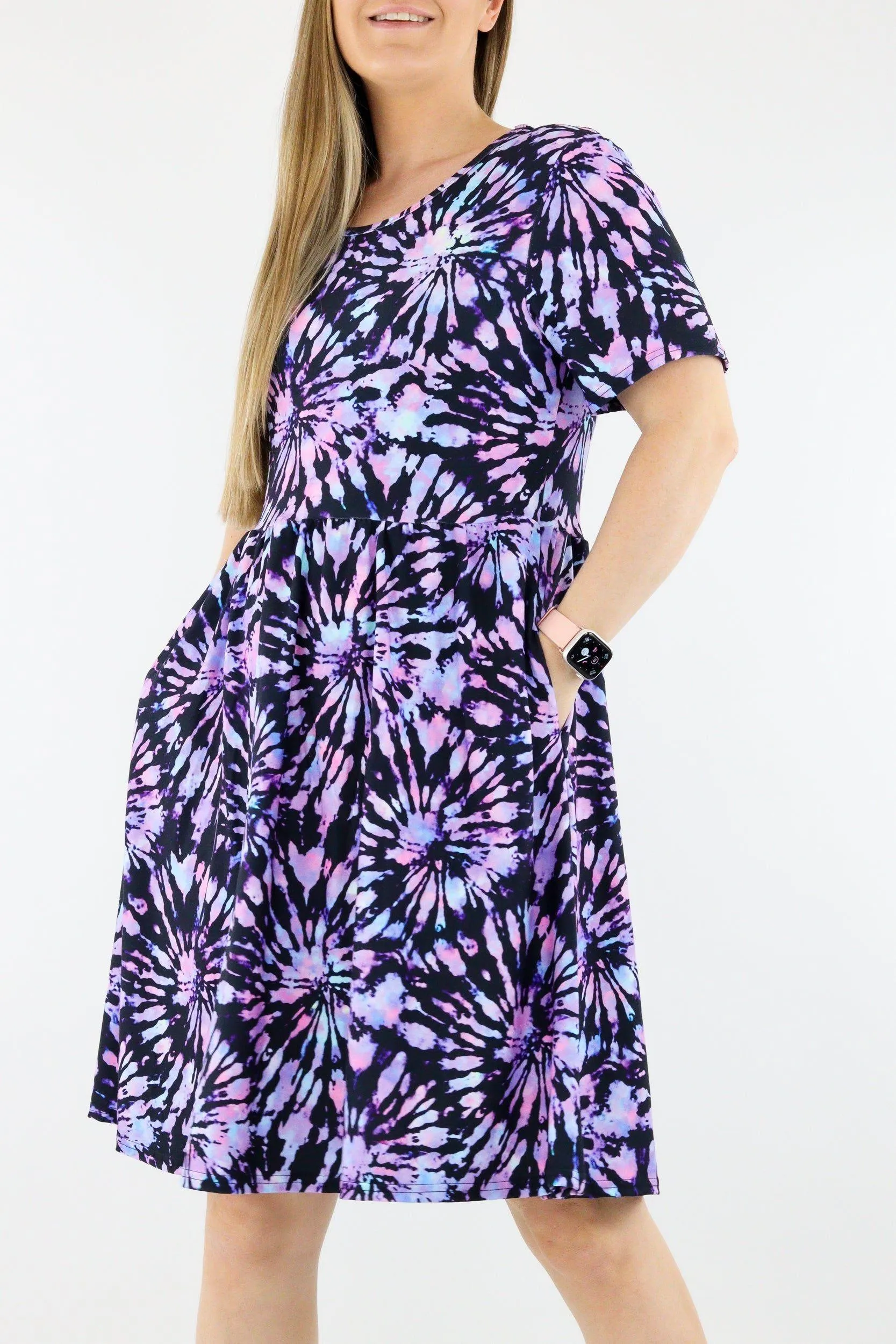 Iridescent Purple Tie Dye - Short Sleeve Skater Dress - Knee Length - Side Pockets