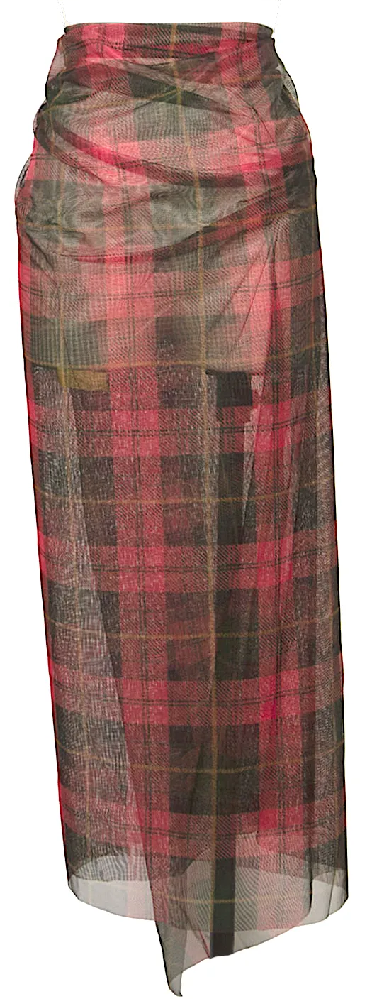 ISSEY MIYAKE JAPAN. sunaokuwahara I.S. Mesh Red Check Plaid Wrap Skirt