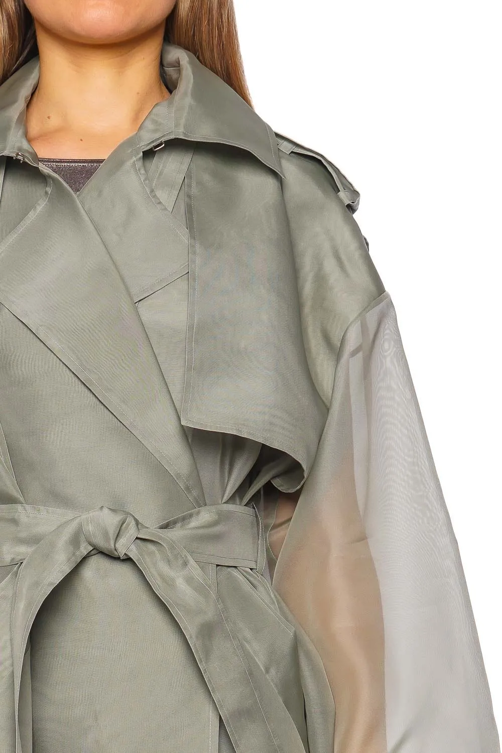 Jade Silk Organza Belted Trench Coat
