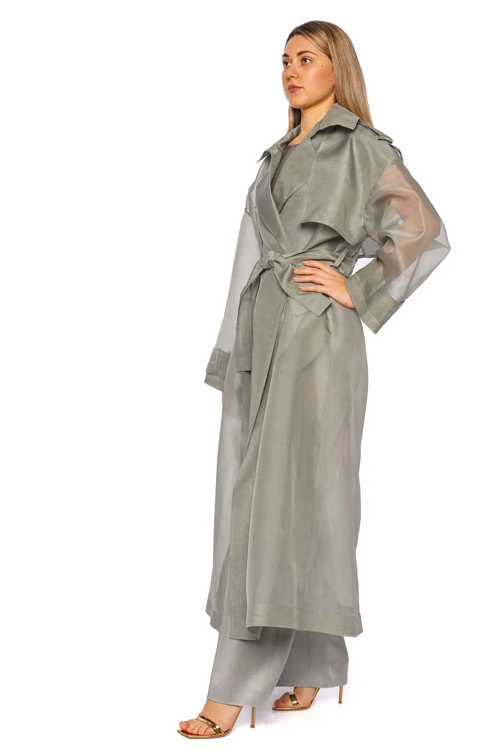 Jade Silk Organza Belted Trench Coat