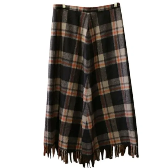 Jax Vintage Plaid Blanket Fringe Skirt Wool Blend Boho Hippie Academia Skirt 12