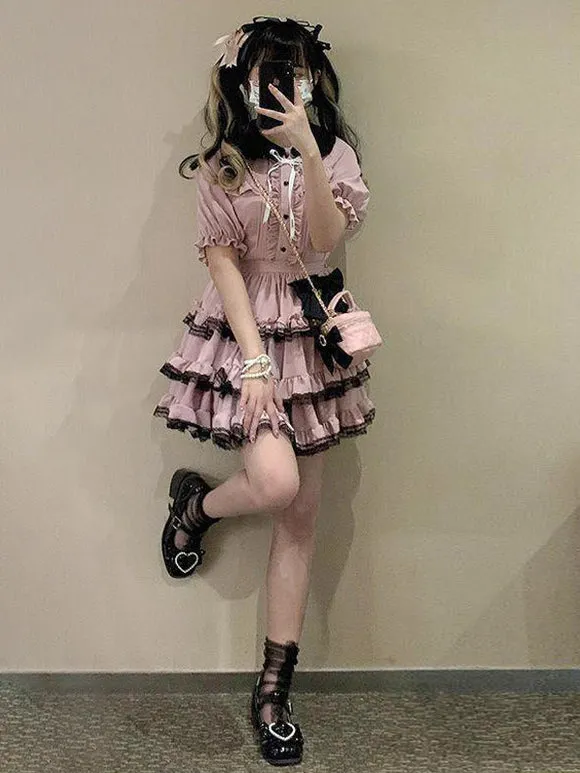 Jirai Kei SK Black & Pink Ruffles Bows Sweet Lolita Skirts