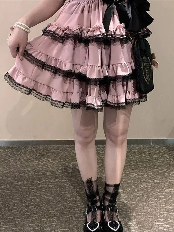 Jirai Kei SK Black & Pink Ruffles Bows Sweet Lolita Skirts