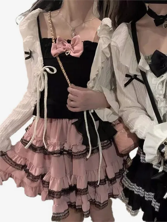 Jirai Kei SK Black & Pink Ruffles Bows Sweet Lolita Skirts