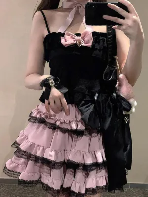 Jirai Kei SK Black & Pink Ruffles Bows Sweet Lolita Skirts