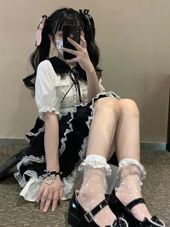 Jirai Kei SK Black & Pink Ruffles Bows Sweet Lolita Skirts