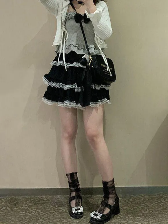 Jirai Kei SK Black & Pink Ruffles Bows Sweet Lolita Skirts