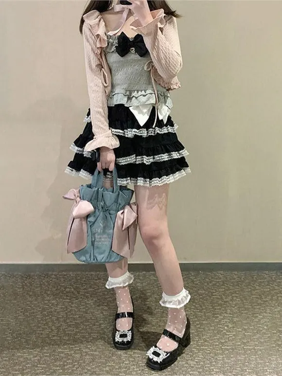 Jirai Kei SK Black & Pink Ruffles Bows Sweet Lolita Skirts