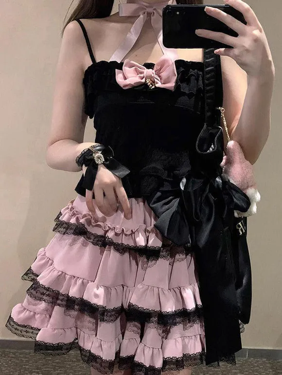 Jirai Kei SK Black & Pink Ruffles Bows Sweet Lolita Skirts