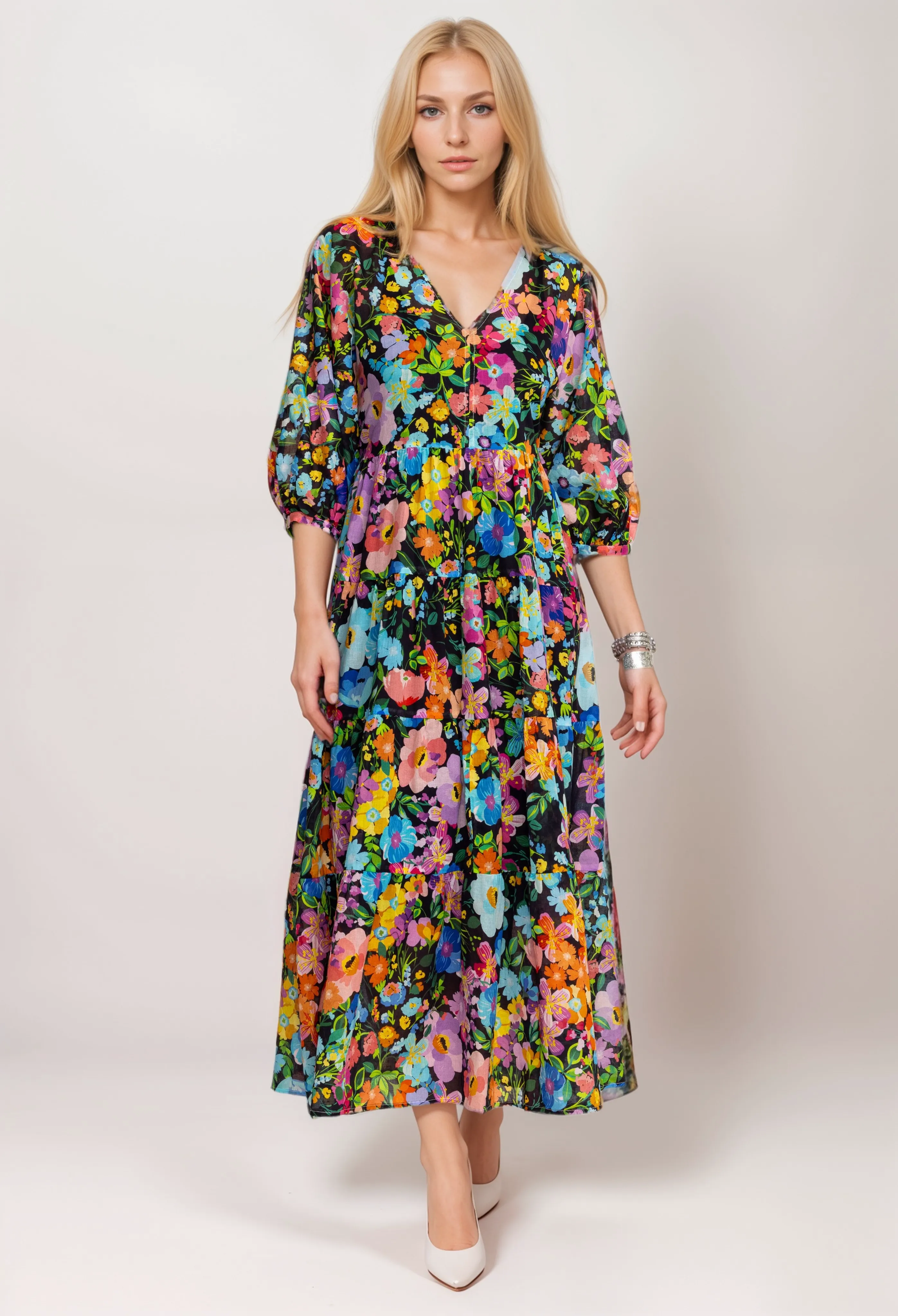 Johnny Was Wild Blooms Dolman Tiered Dress R31824 Boho Chic