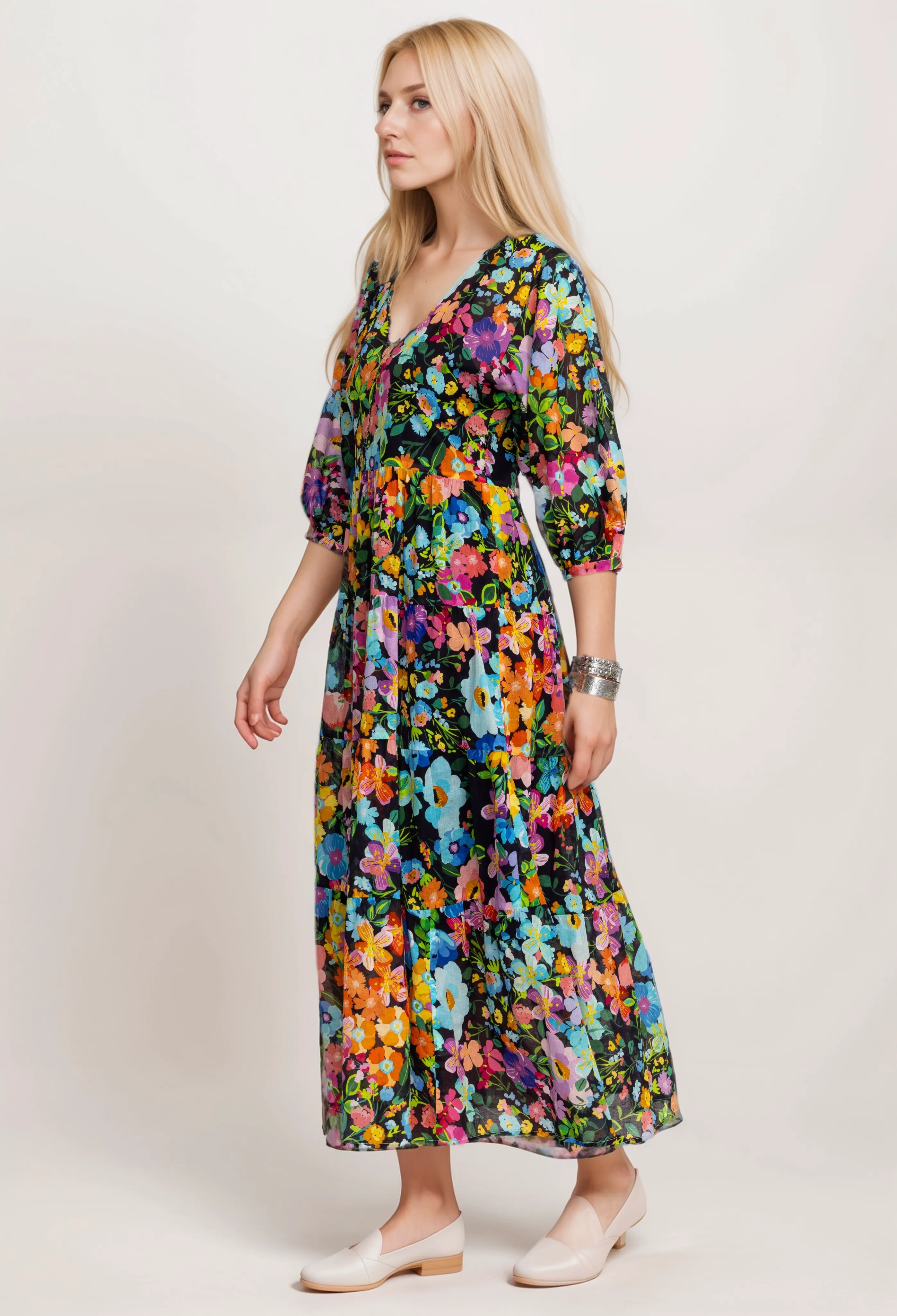 Johnny Was Wild Blooms Dolman Tiered Dress R31824 Boho Chic
